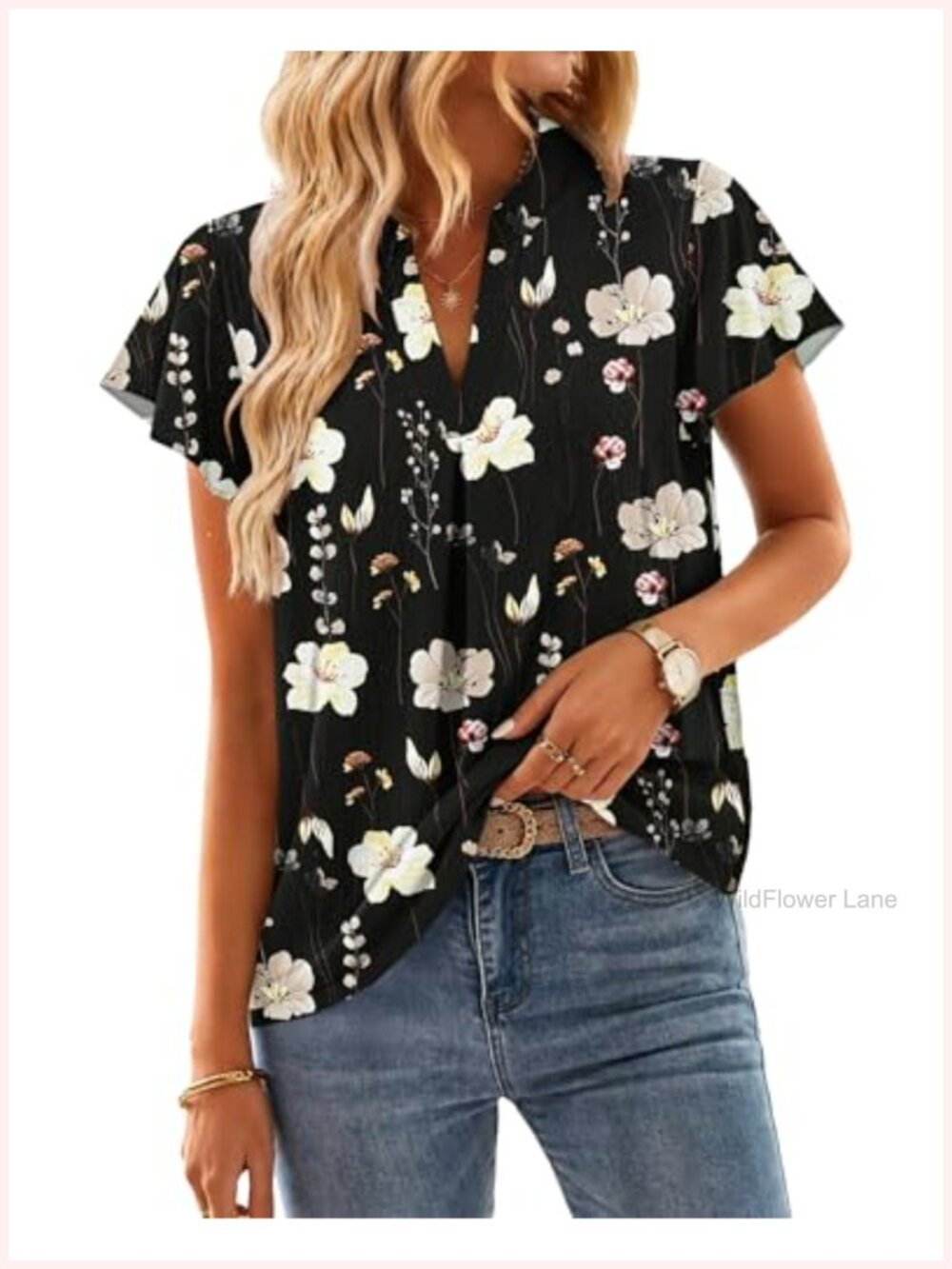 Womens Summer Blouse V-Neck Ruffle Short Sleeve Pleated Casual Top